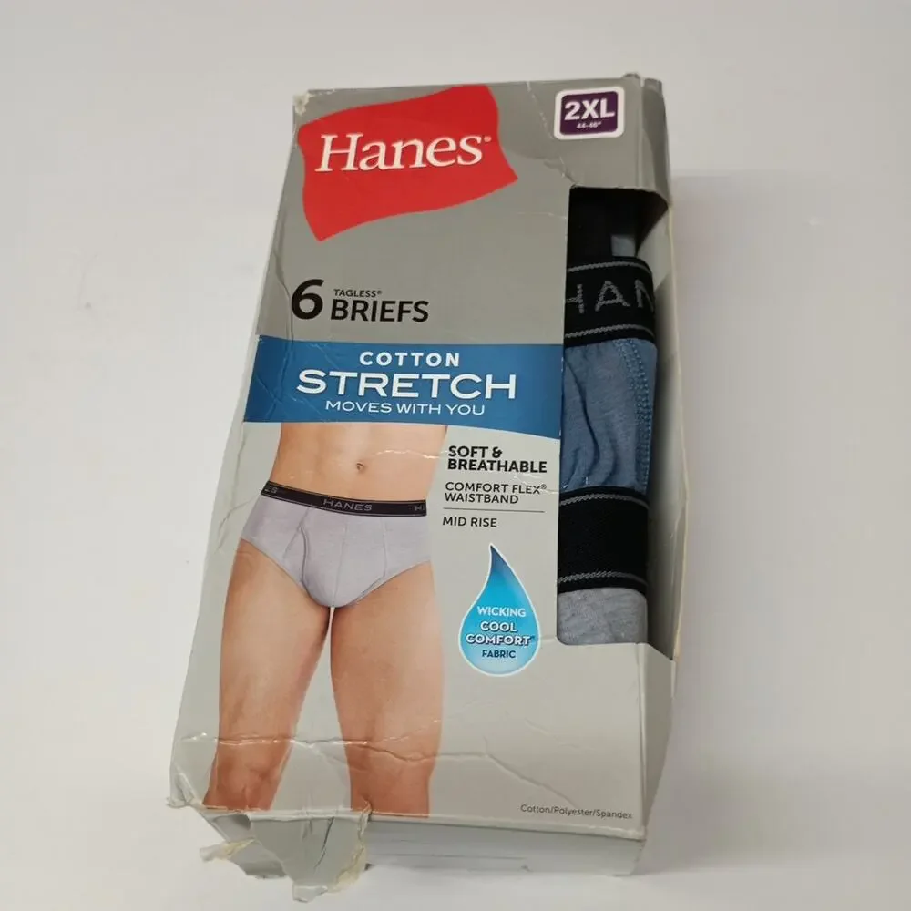 Hanes 6 Briefs Tagless Underwear‎ Size 2XL (44-46) Cotton Stretch Mid Rise